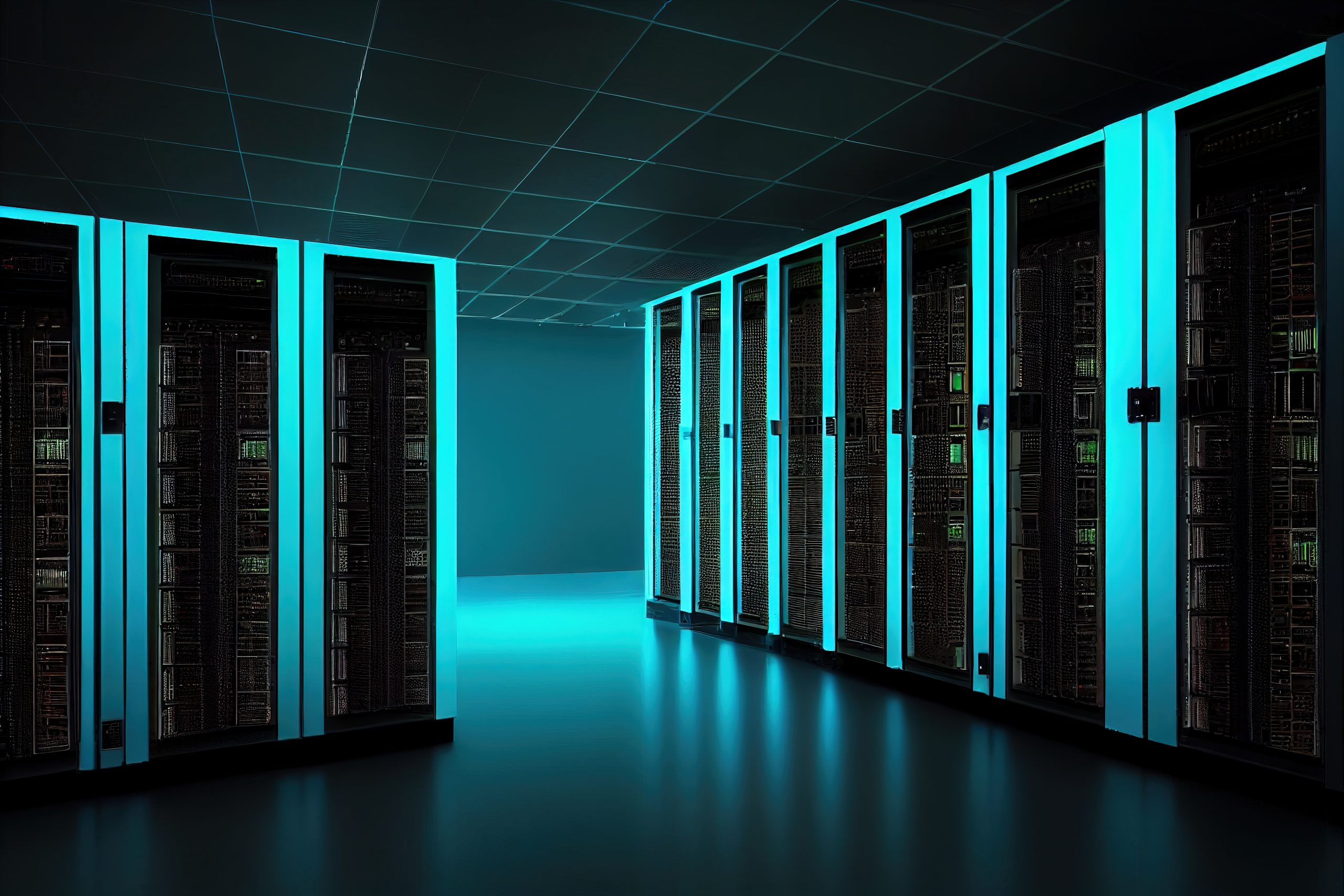 Server racks in computer network security server room data center. dark blue. Generative AI.